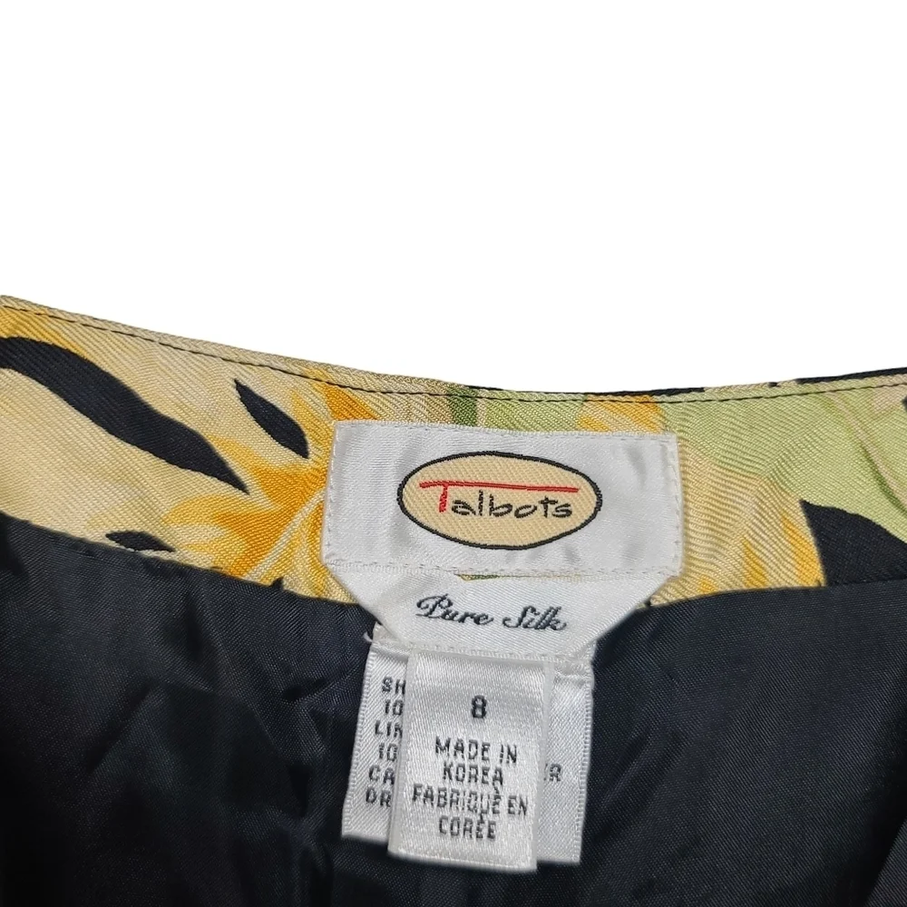 Talbots Floral Tropical Print Tan Yellow Green Pink Black Pure Silk Pants 8 - Picture 7 of 8